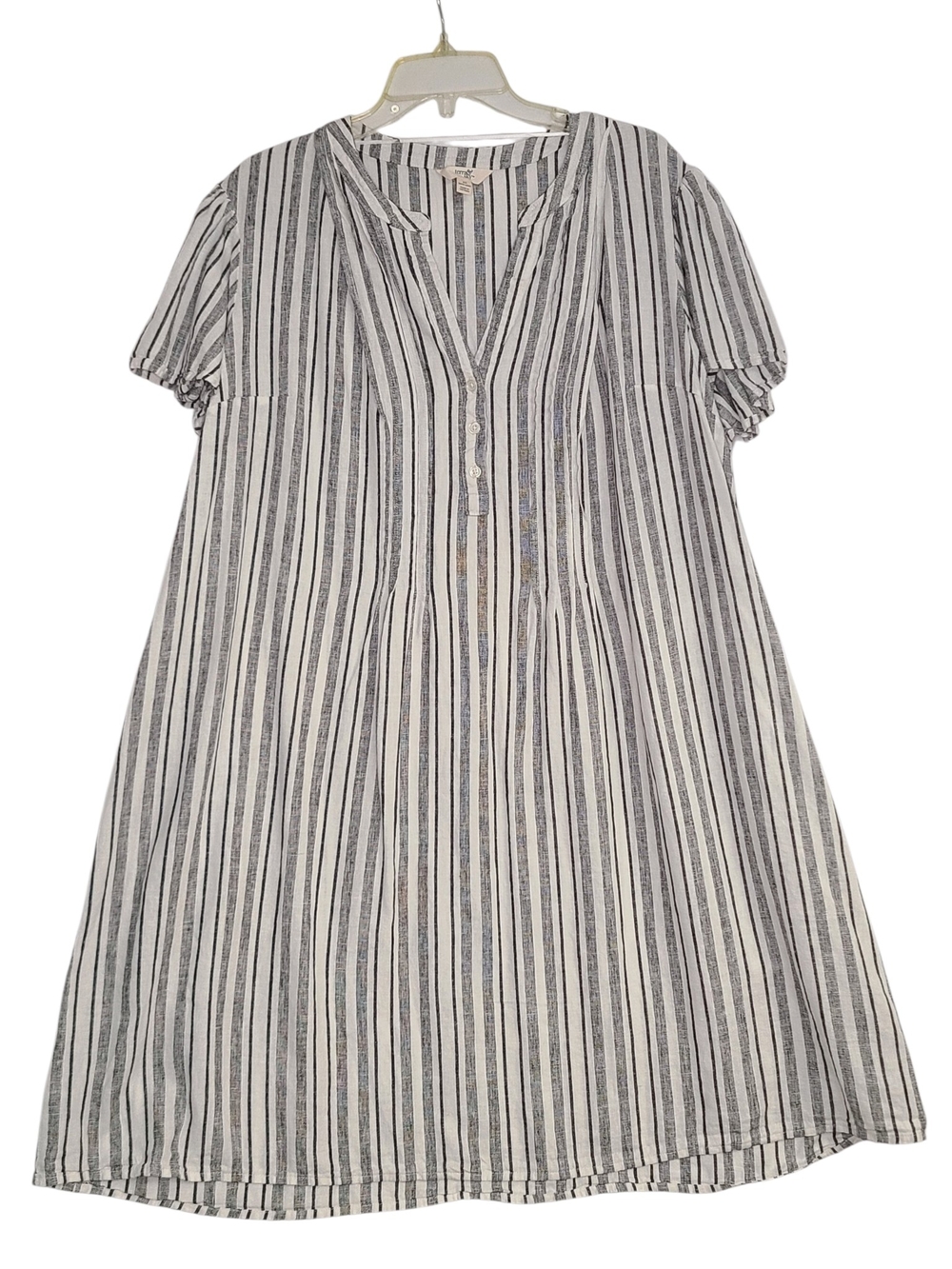 Terra & Sky Black and White Linen Blend Striped V-Neck Midi Dress